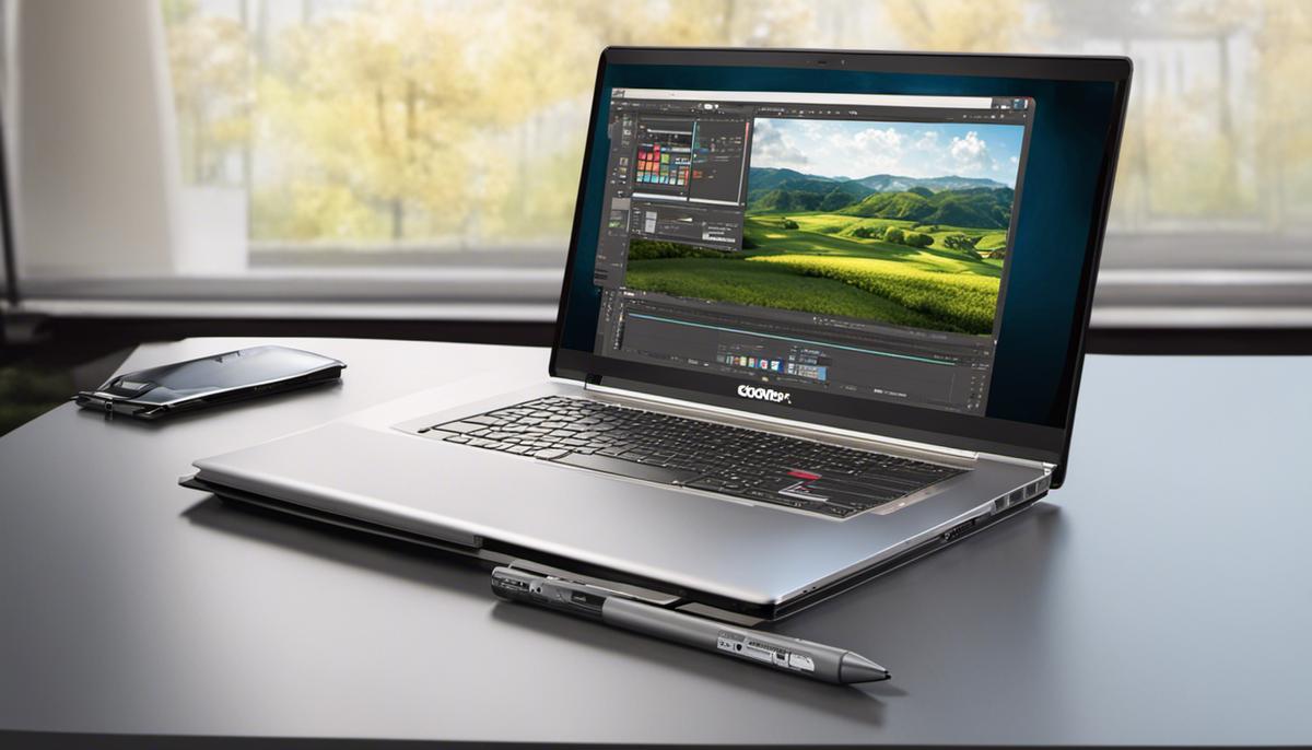 A laptop with graphic design software and a sketchbook, representing the field of graphic design.